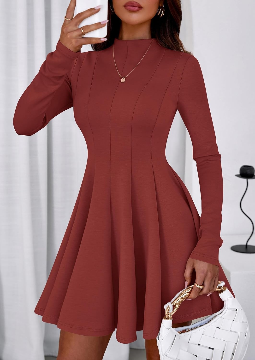 image:imagePRETTYGARDEN Fall Dresses for Women Long Sleeve Flowy Mini Homecoming DressBrick Red