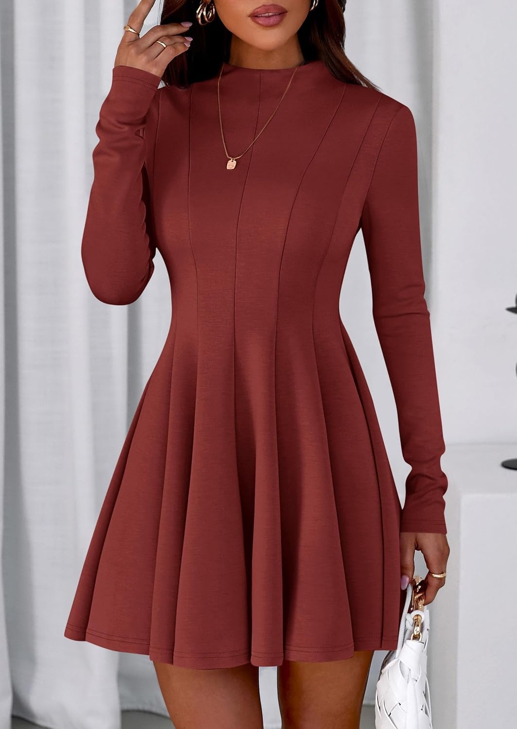 image:imagePRETTYGARDEN Fall Dresses for Women Long Sleeve Flowy Mini Homecoming DressBrick Red