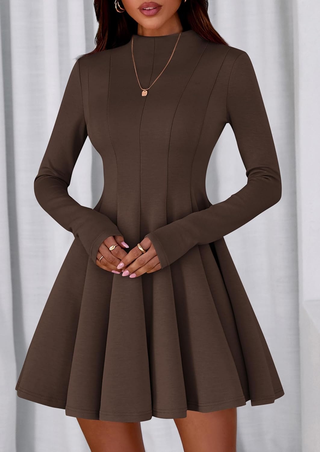 image:imagePRETTYGARDEN Fall Dresses for Women Long Sleeve Flowy Mini Homecoming DressBrown