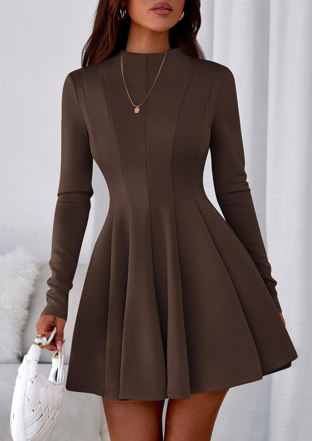 image:imagePRETTYGARDEN Fall Dresses for Women Long Sleeve Flowy Mini Homecoming DressBrown