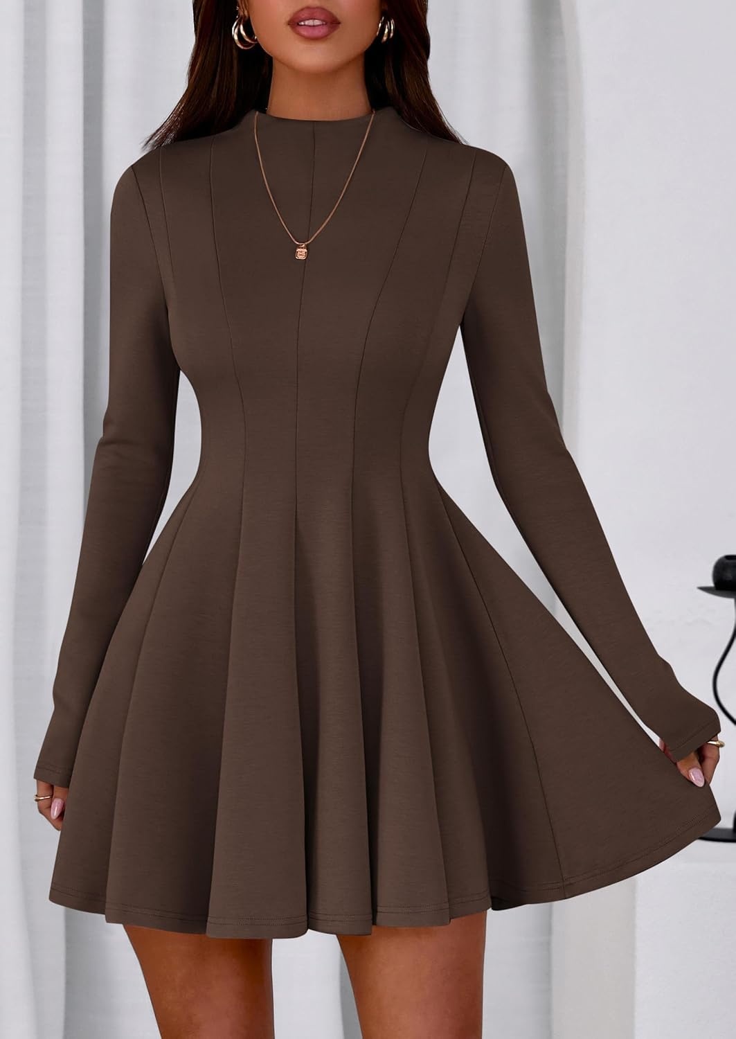 image:imagePRETTYGARDEN Fall Dresses for Women Long Sleeve Flowy Mini Homecoming DressBrown