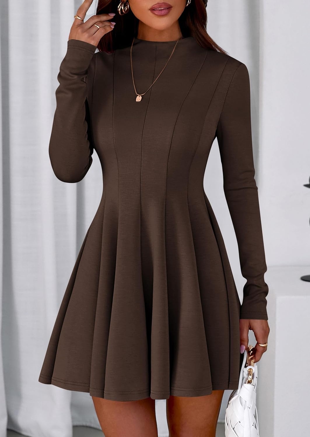 image:imagePRETTYGARDEN Fall Dresses for Women Long Sleeve Flowy Mini Homecoming DressBrown