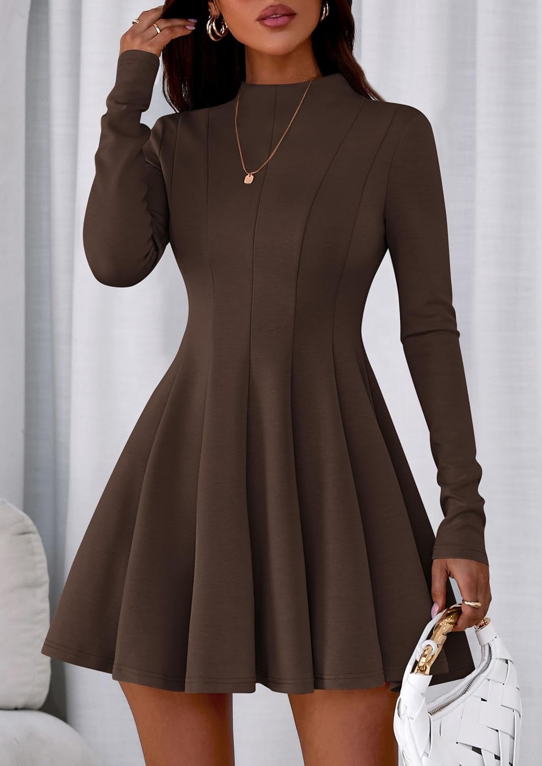 image:imagePRETTYGARDEN Fall Dresses for Women Long Sleeve Flowy Mini Homecoming DressBrown