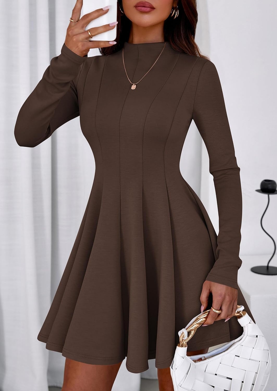 image:imagePRETTYGARDEN Fall Dresses for Women Long Sleeve Flowy Mini Homecoming DressBrown