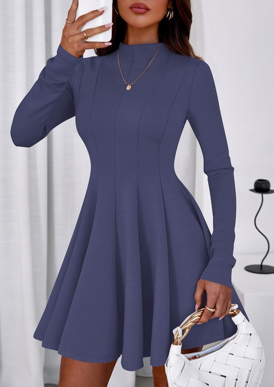 image:imagePRETTYGARDEN Fall Dresses for Women Long Sleeve Flowy Mini Homecoming DressDusty Blue