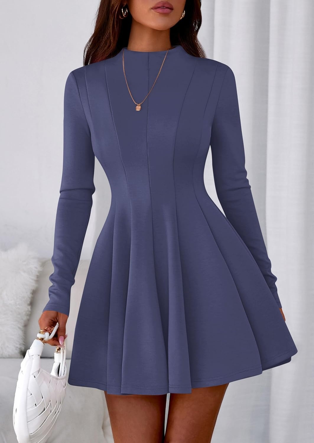 image:imagePRETTYGARDEN Fall Dresses for Women Long Sleeve Flowy Mini Homecoming DressDusty Blue
