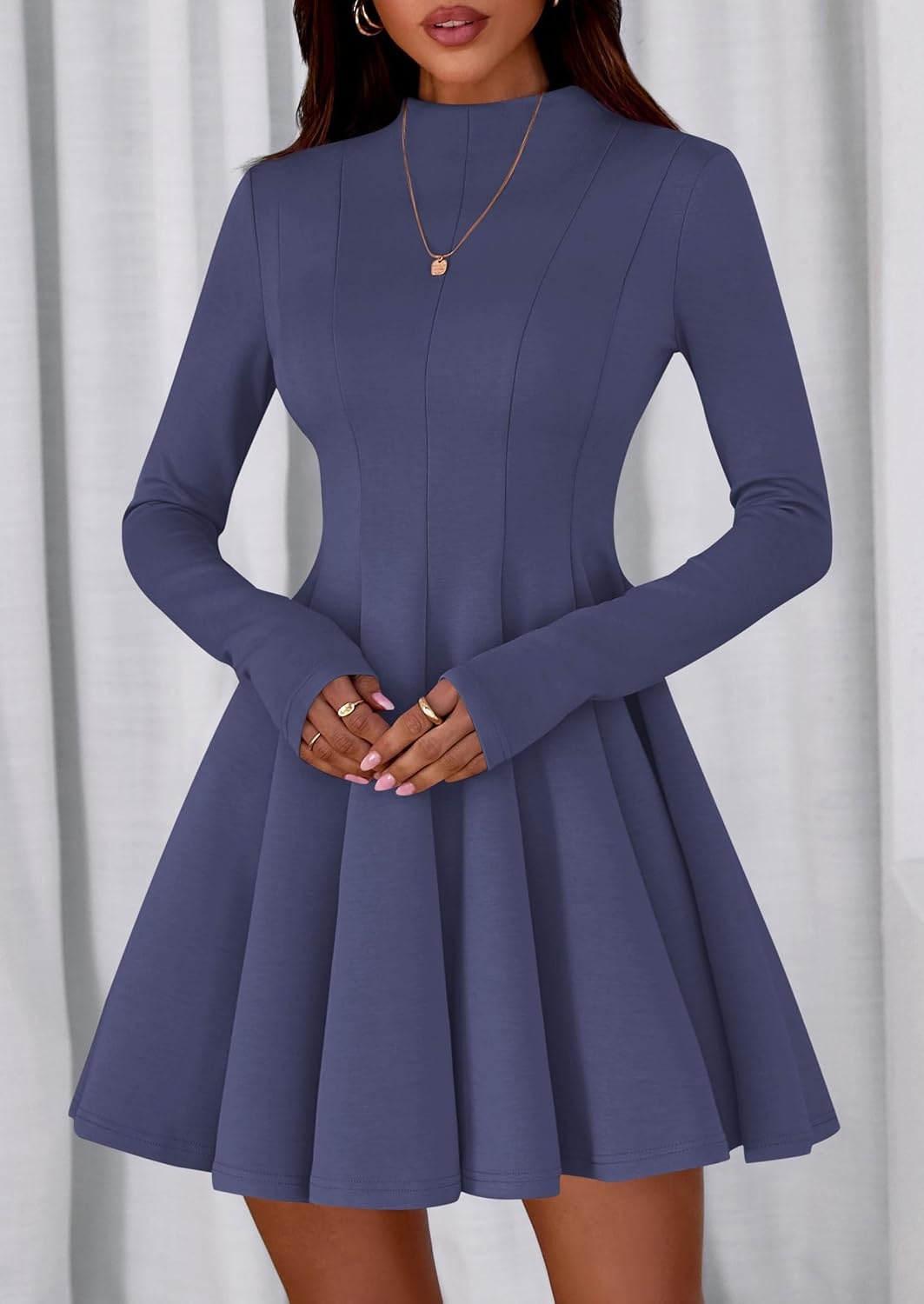 image:imagePRETTYGARDEN Fall Dresses for Women Long Sleeve Flowy Mini Homecoming DressDusty Blue