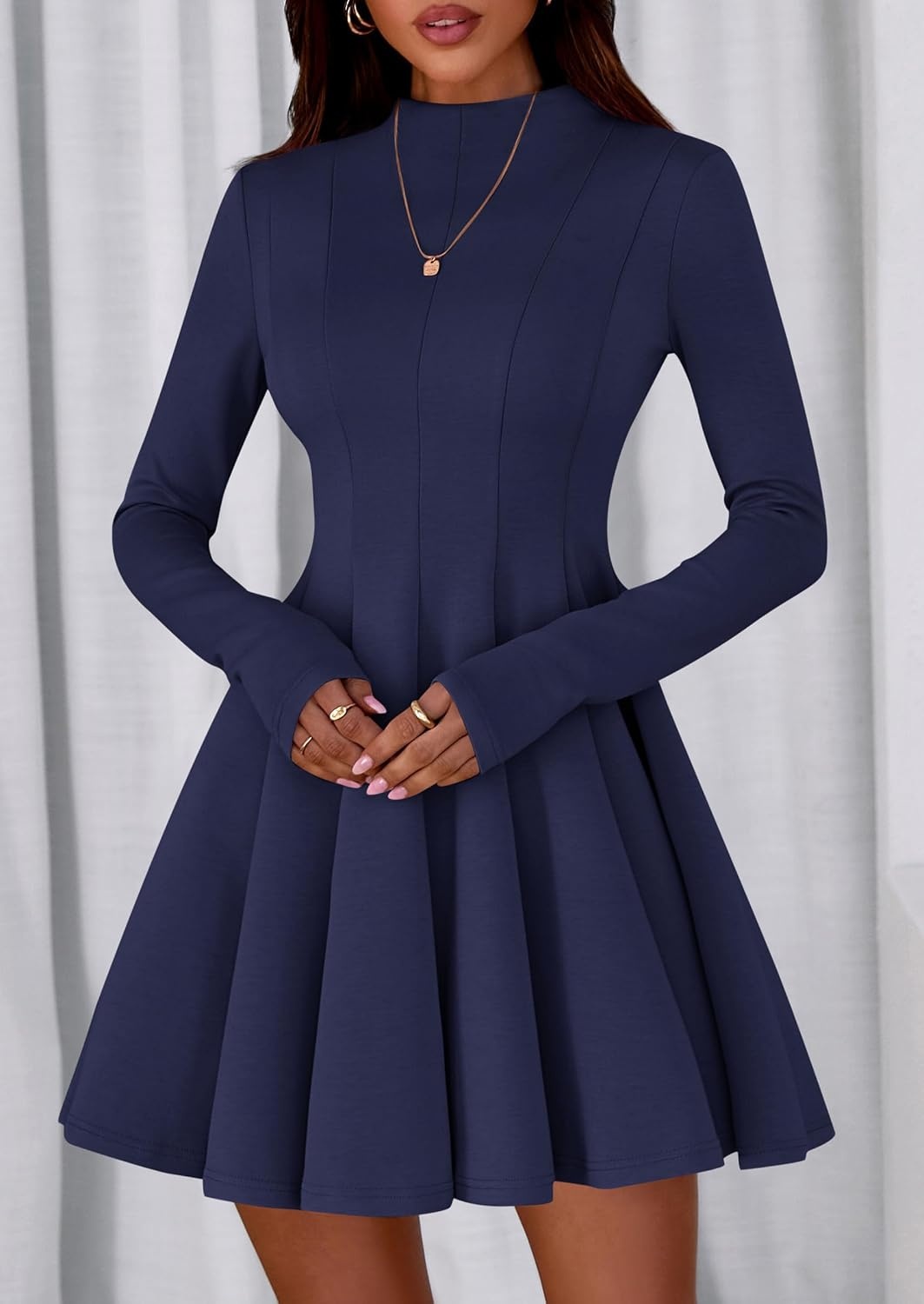 image:imagePRETTYGARDEN Fall Dresses for Women Long Sleeve Flowy Mini Homecoming DressNavy Blue