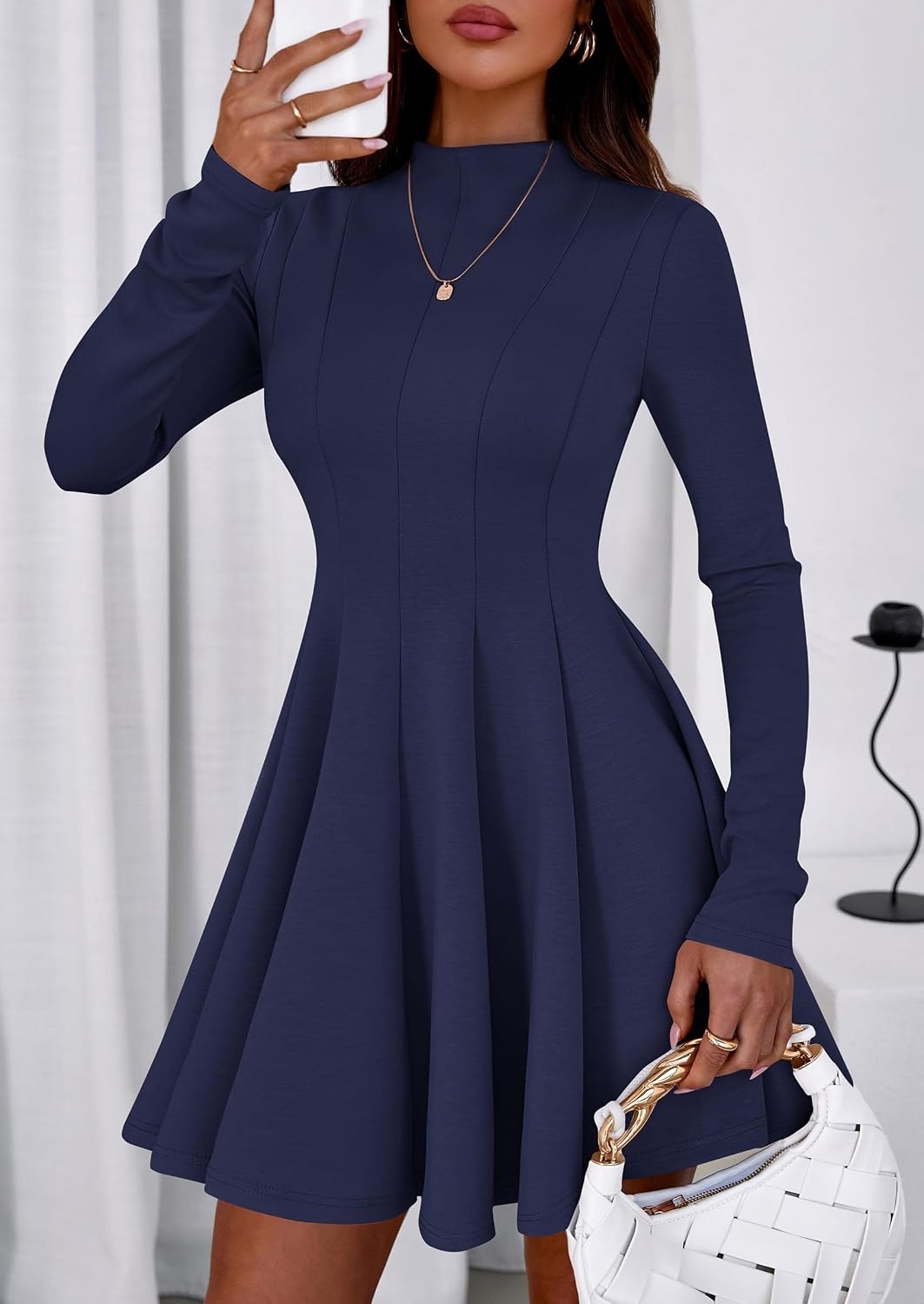 image:imagePRETTYGARDEN Fall Dresses for Women Long Sleeve Flowy Mini Homecoming DressNavy Blue