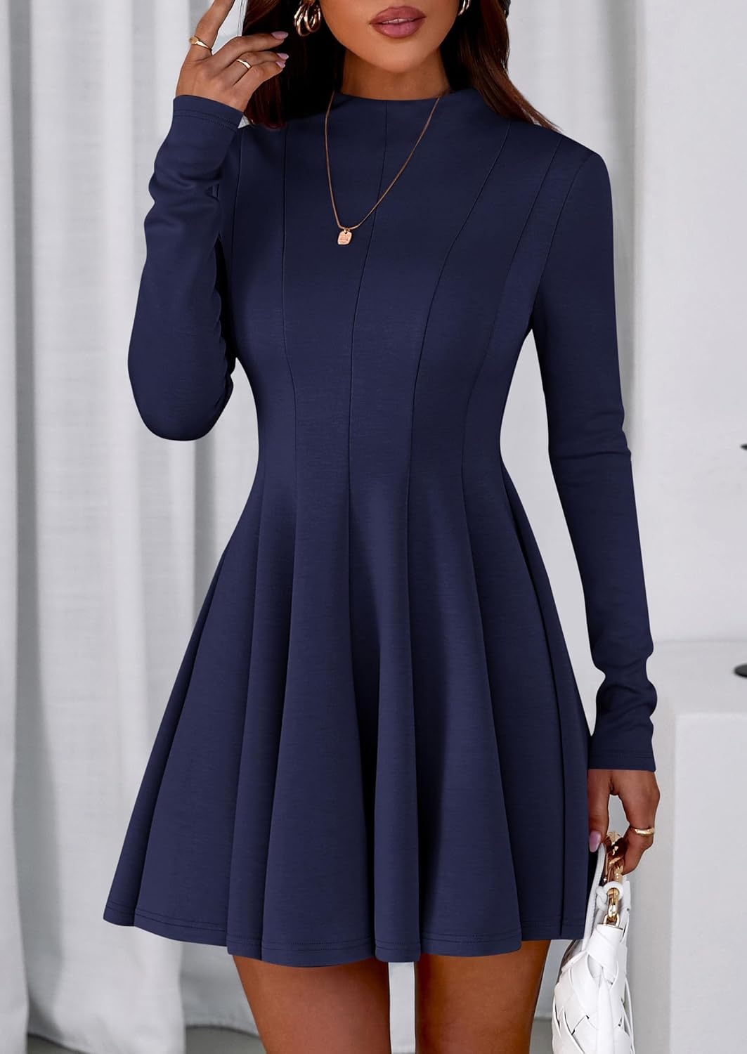 image:imagePRETTYGARDEN Fall Dresses for Women Long Sleeve Flowy Mini Homecoming DressNavy Blue