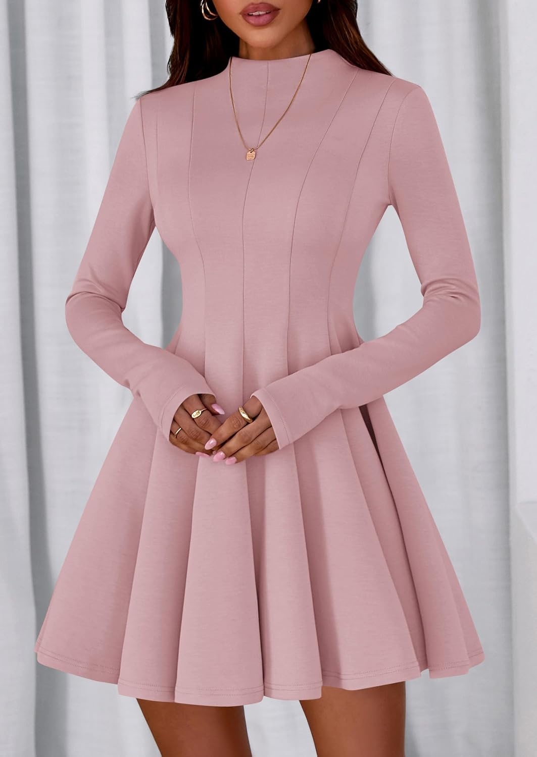 image:imagePRETTYGARDEN Fall Dresses for Women Long Sleeve Flowy Mini Homecoming DressPink