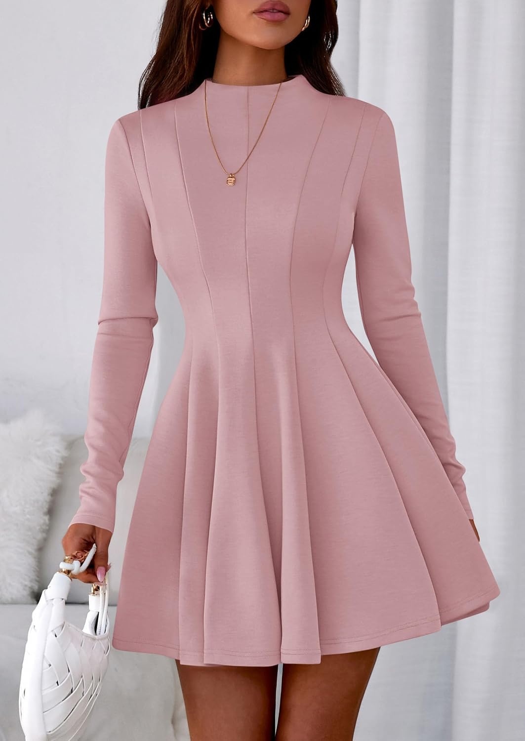 image:imagePRETTYGARDEN Fall Dresses for Women Long Sleeve Flowy Mini Homecoming DressPink