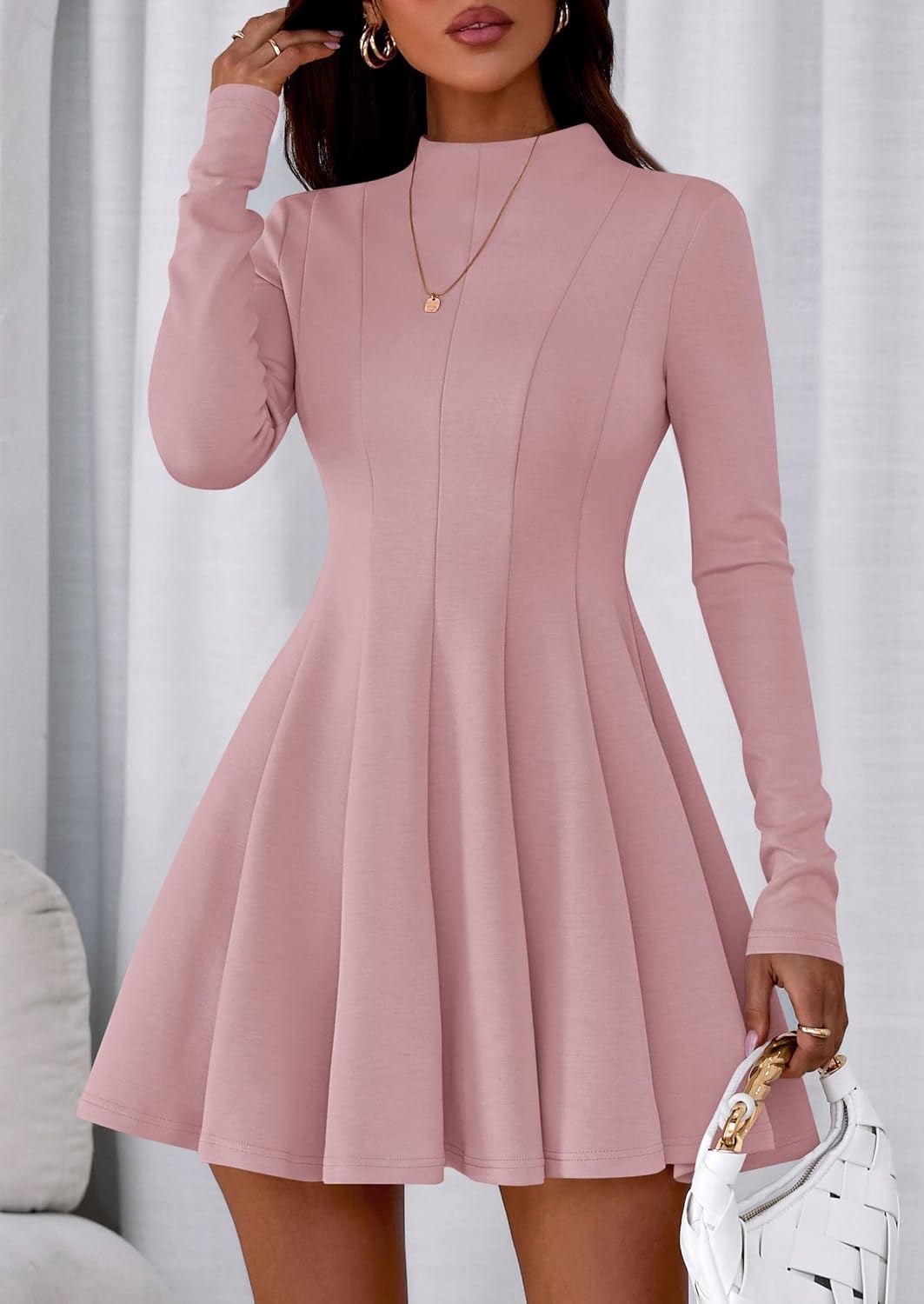 image:imagePRETTYGARDEN Fall Dresses for Women Long Sleeve Flowy Mini Homecoming DressPink