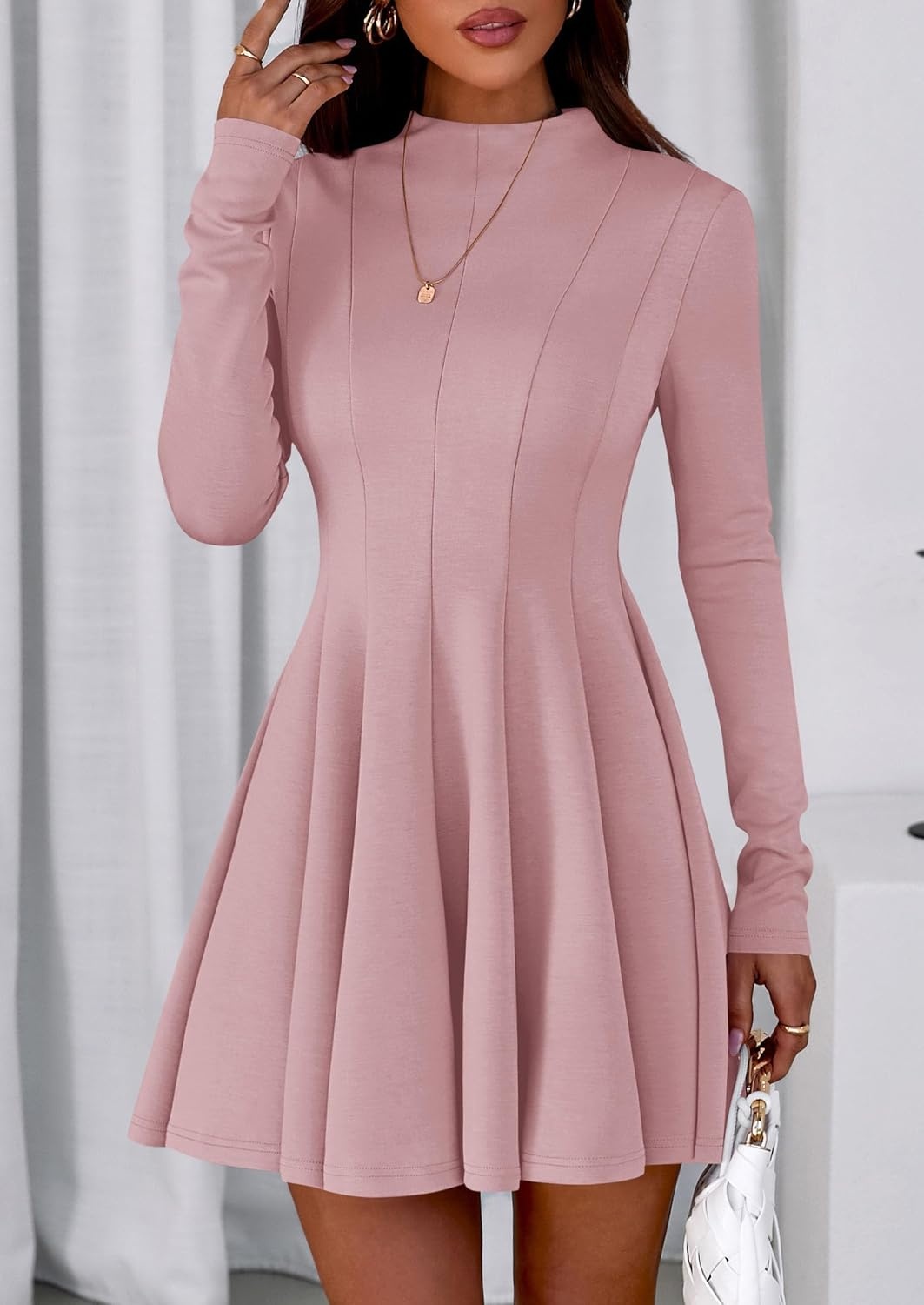 image:imagePRETTYGARDEN Fall Dresses for Women Long Sleeve Flowy Mini Homecoming DressPink