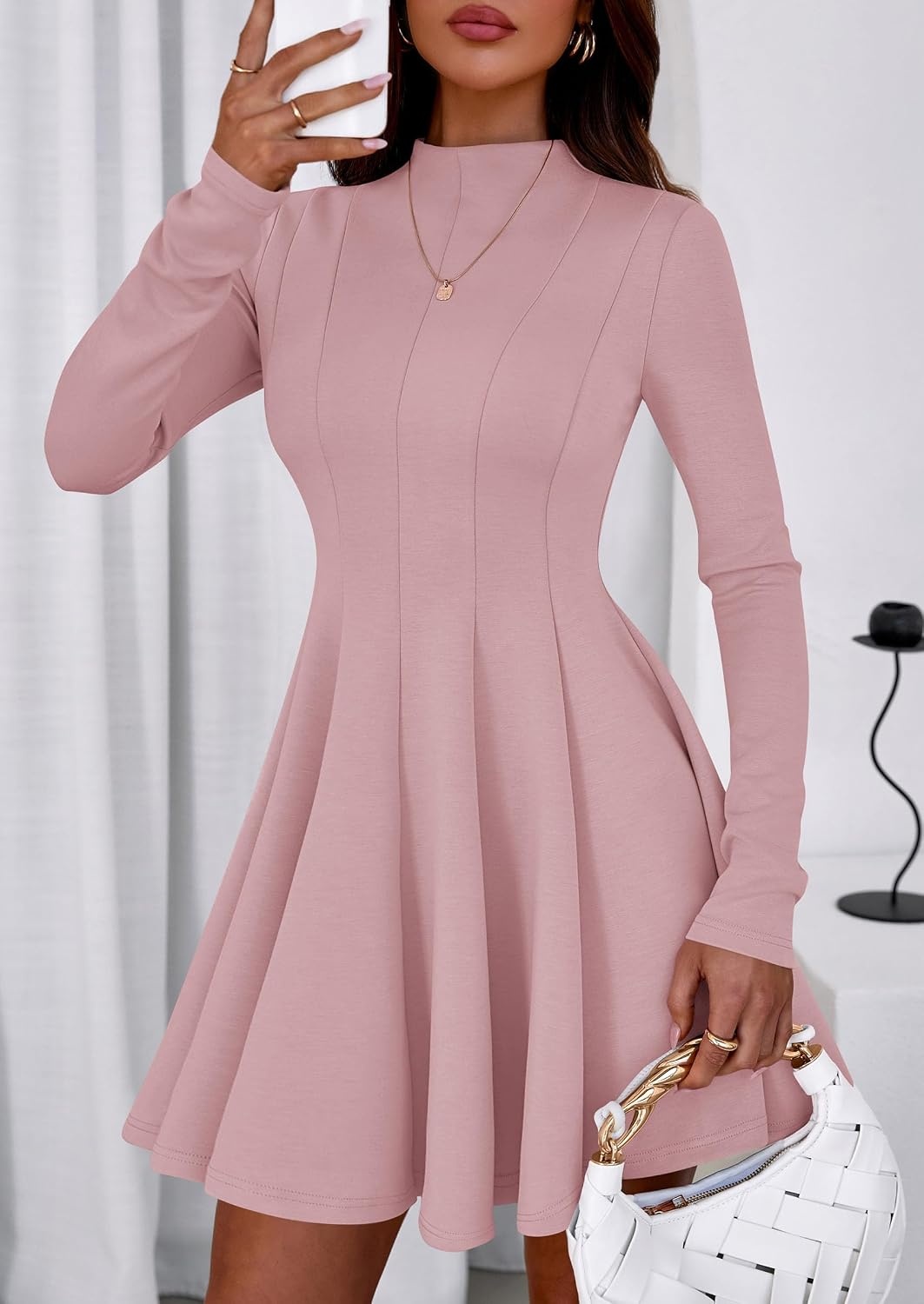 image:imagePRETTYGARDEN Fall Dresses for Women Long Sleeve Flowy Mini Homecoming DressPink