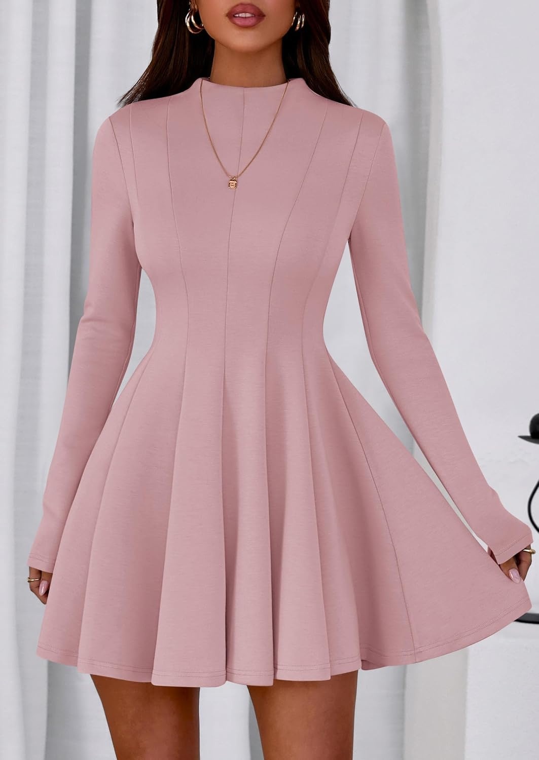 image:imagePRETTYGARDEN Fall Dresses for Women Long Sleeve Flowy Mini Homecoming DressPink