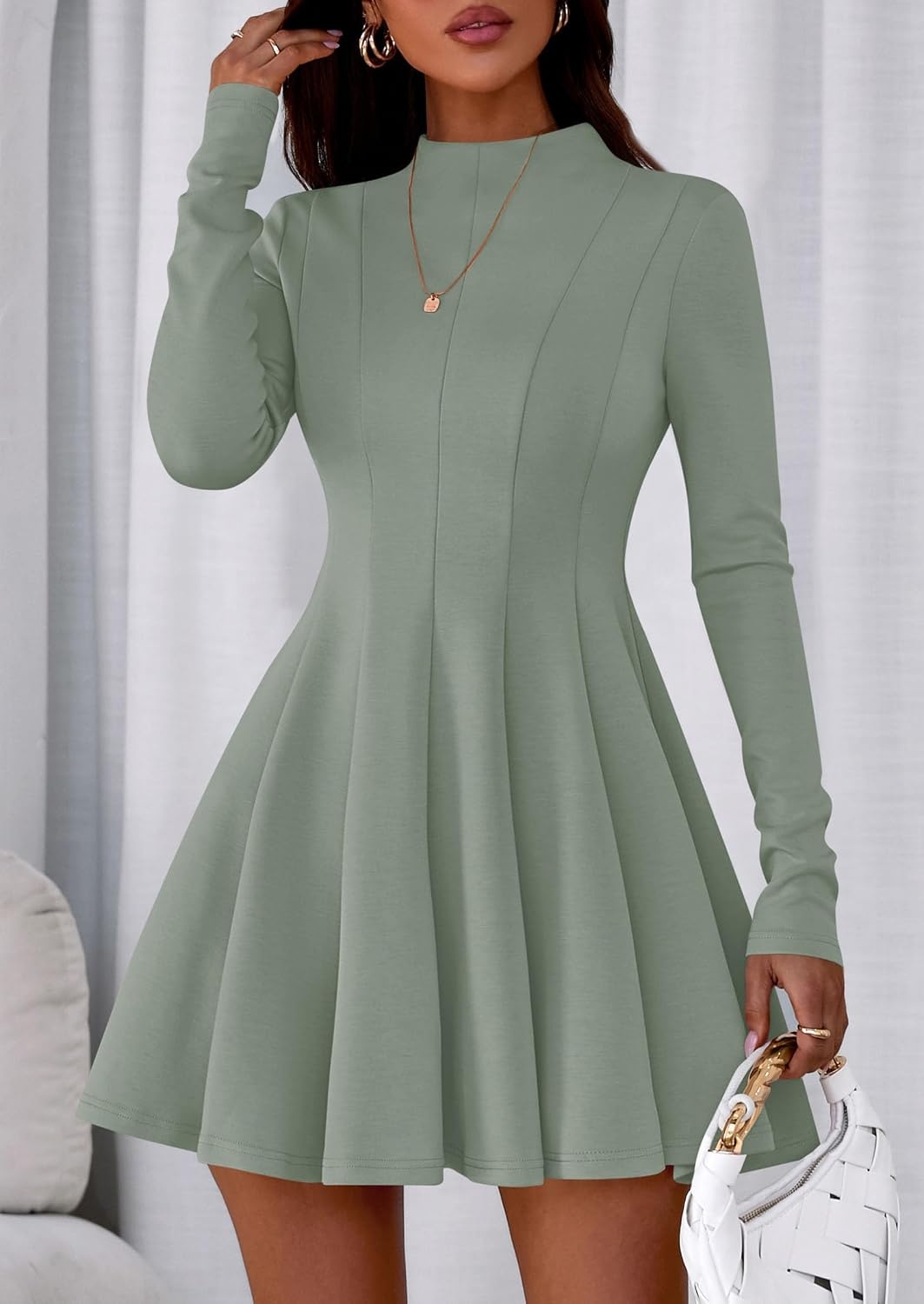 image:imagePRETTYGARDEN Fall Dresses for Women Long Sleeve Flowy Mini Homecoming DressSage Green