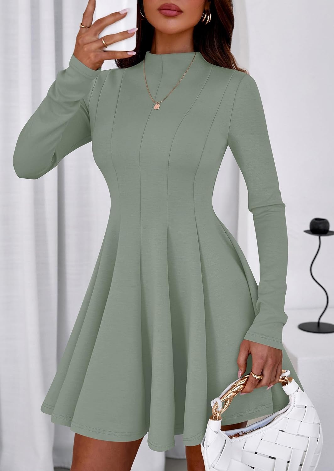 image:imagePRETTYGARDEN Fall Dresses for Women Long Sleeve Flowy Mini Homecoming DressSage Green