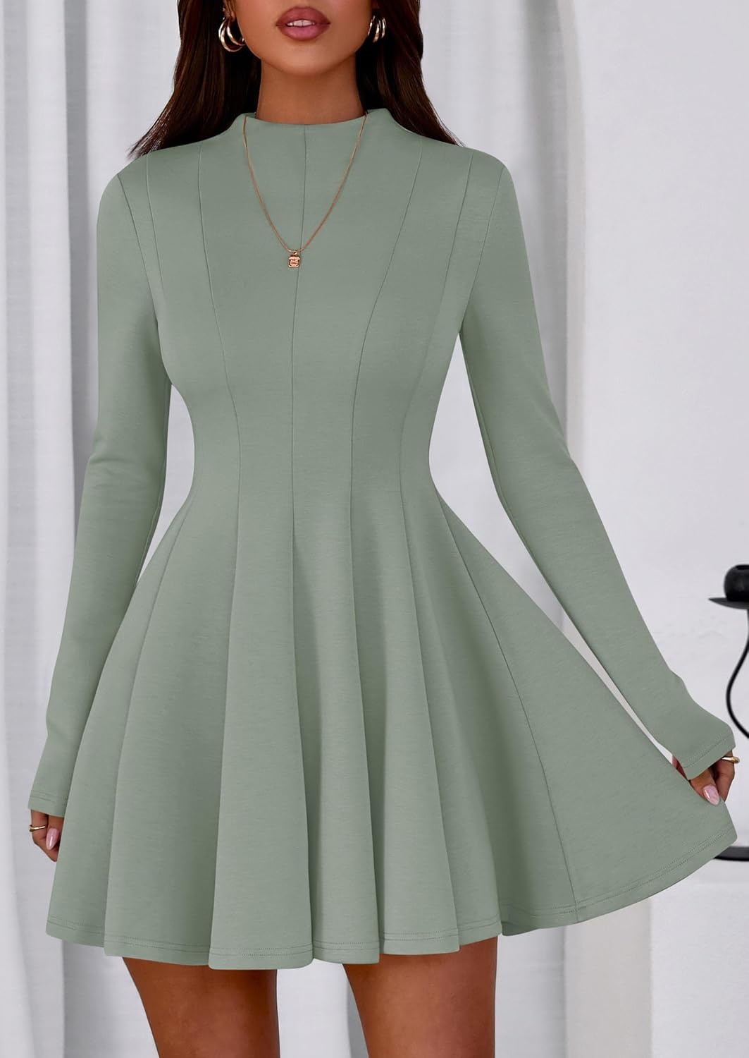 image:imagePRETTYGARDEN Fall Dresses for Women Long Sleeve Flowy Mini Homecoming DressSage Green