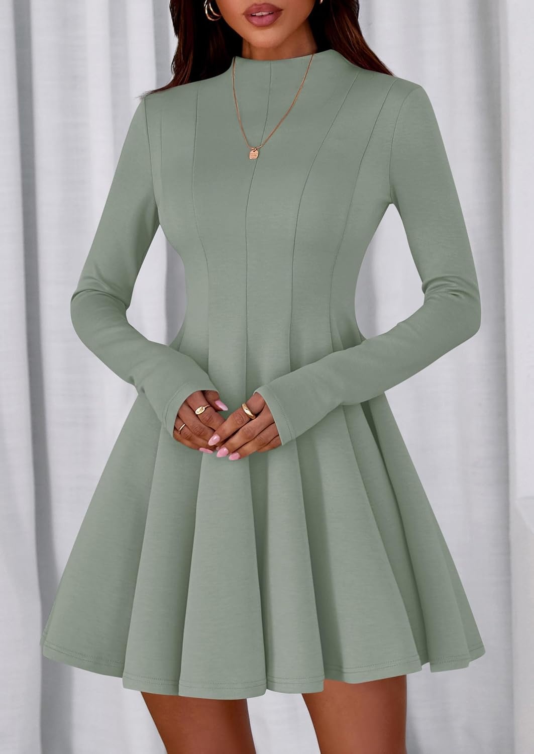 image:imagePRETTYGARDEN Fall Dresses for Women Long Sleeve Flowy Mini Homecoming DressSage Green