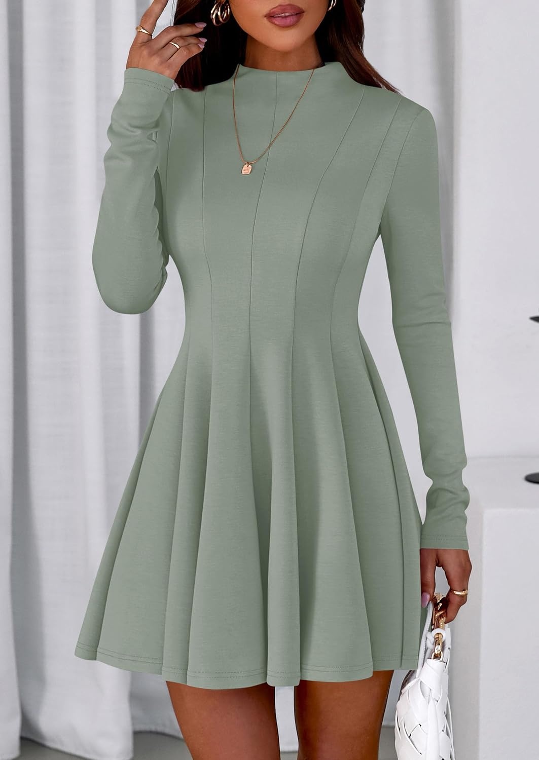 image:imagePRETTYGARDEN Fall Dresses for Women Long Sleeve Flowy Mini Homecoming DressSage Green