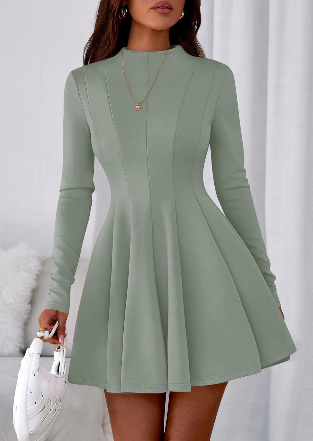 image:imagePRETTYGARDEN Fall Dresses for Women Long Sleeve Flowy Mini Homecoming DressSage Green