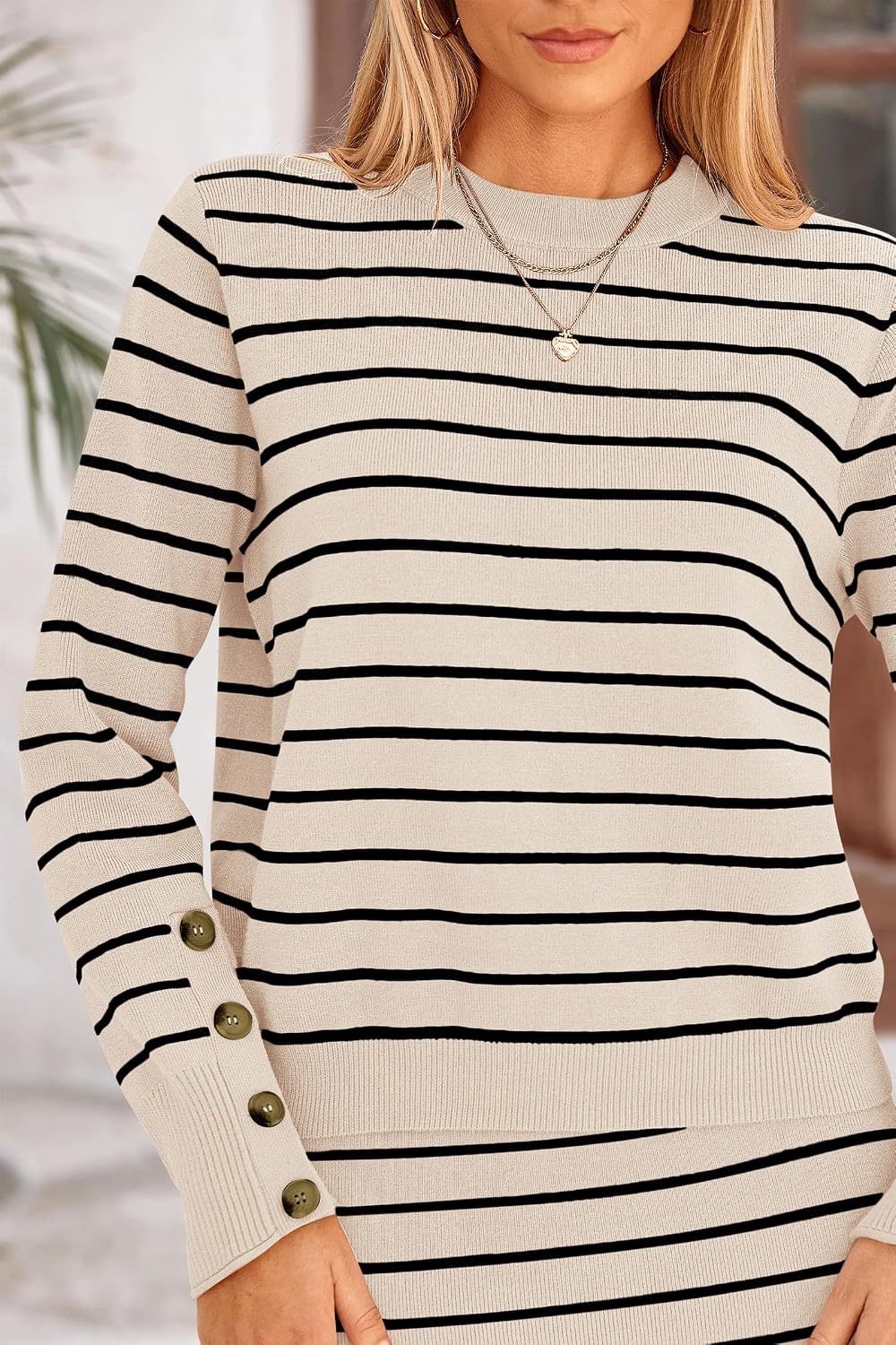 image:imagePRETTYGARDEN Womens 2 Piece Striped Sweater Skirt Set Fall Matching SetsApricot Stripe