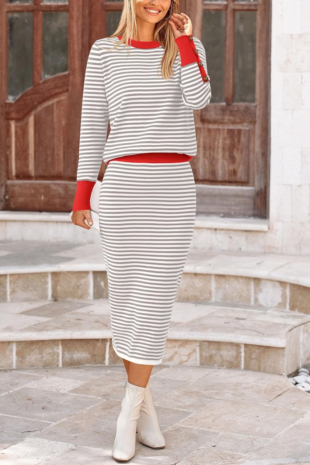 image:imagePRETTYGARDEN Womens 2 Piece Striped Sweater Skirt Set Fall Matching SetsLight Grey Stripe