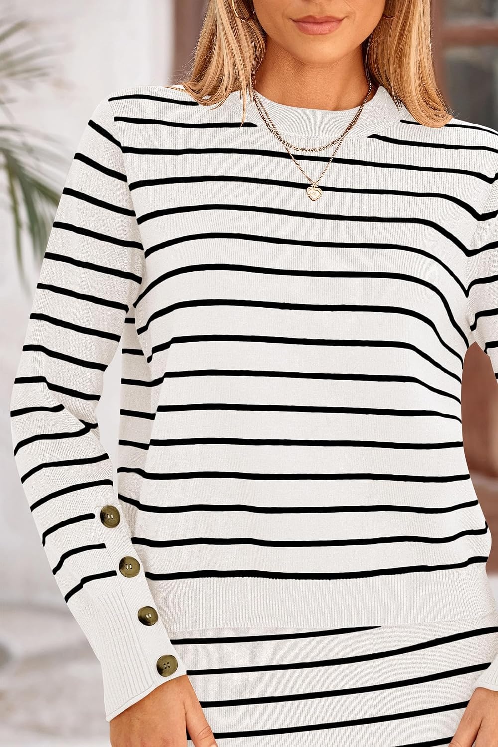 image:imagePRETTYGARDEN Womens 2 Piece Striped Sweater Skirt Set Fall Matching SetsWhite Stripe
