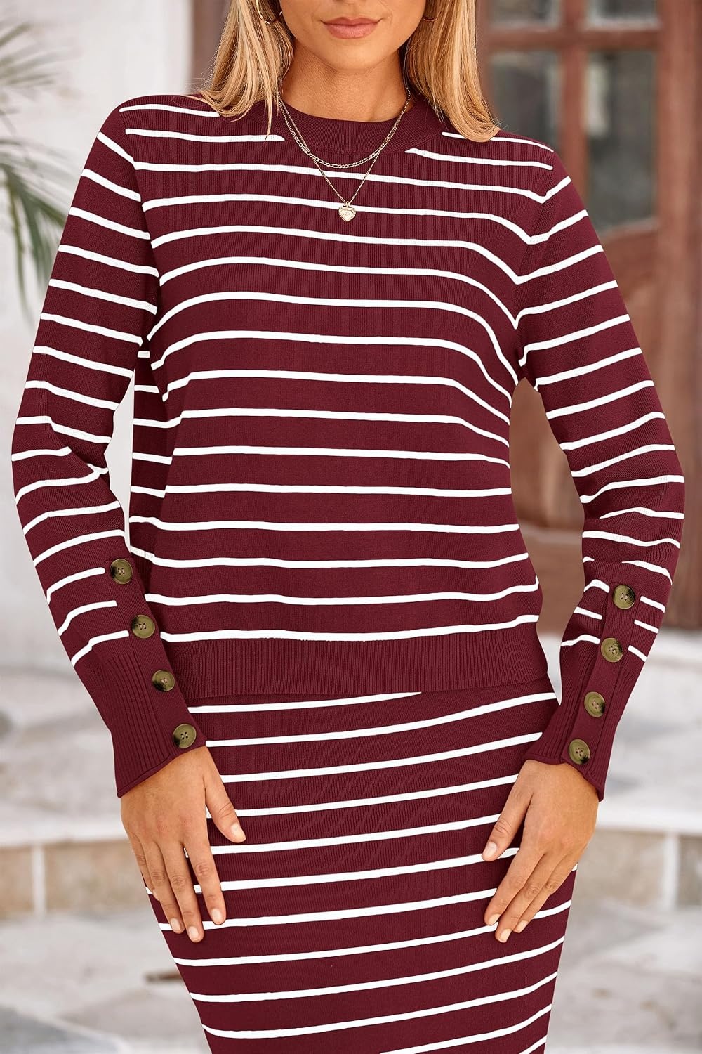 image:imagePRETTYGARDEN Womens 2 Piece Striped Sweater Skirt Set Fall Matching SetsWine Red White Stripe