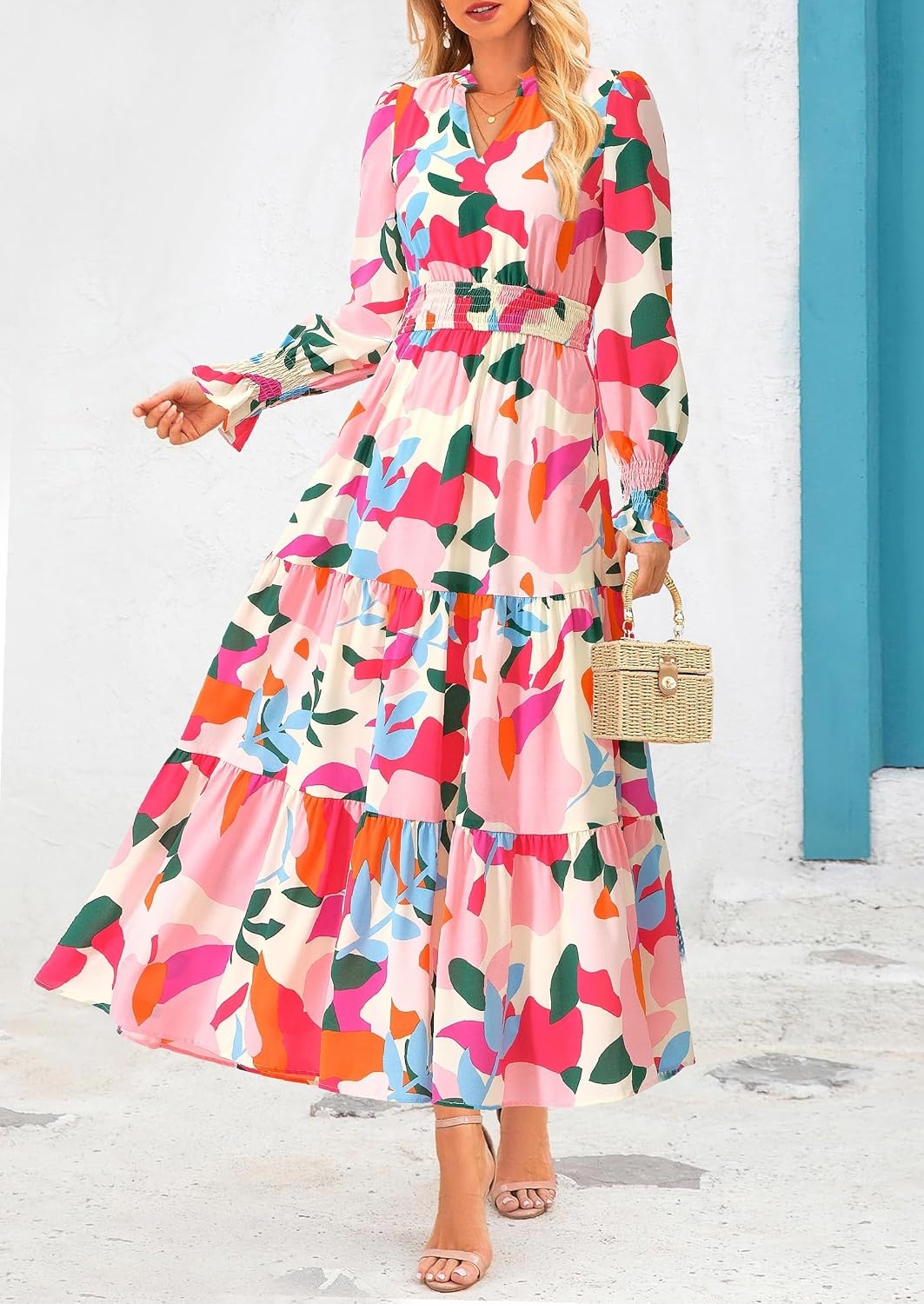 image:imagePRETTYGARDEN Womens Floral Maxi Dress Fall A Line Wedding Guest DressesFloral Apricot Rose Red
