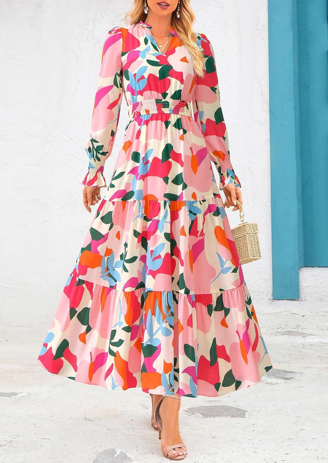 image:imagePRETTYGARDEN Womens Floral Maxi Dress Fall A Line Wedding Guest DressesFloral Apricot Rose Red