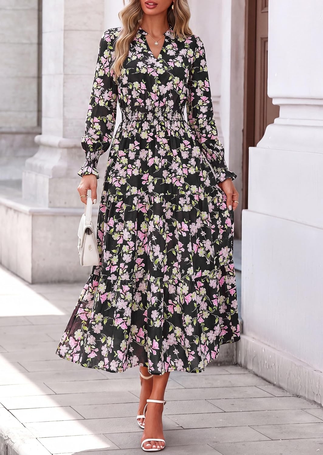 image:imagePRETTYGARDEN Womens Floral Maxi Dress Fall A Line Wedding Guest DressesFloral Black Pink