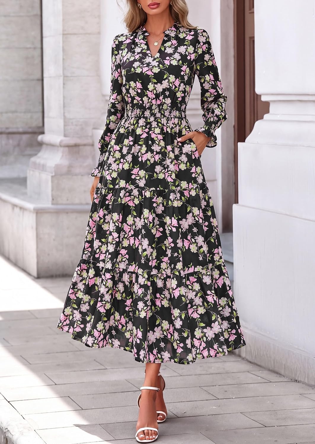 image:imagePRETTYGARDEN Womens Floral Maxi Dress Fall A Line Wedding Guest DressesFloral Black Pink