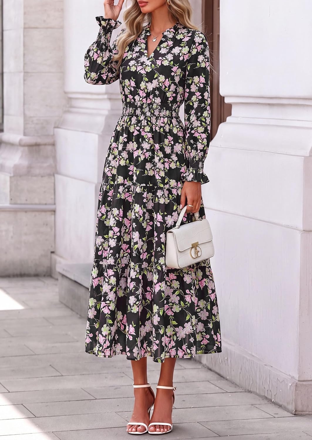 image:imagePRETTYGARDEN Womens Floral Maxi Dress Fall A Line Wedding Guest DressesFloral Black Pink