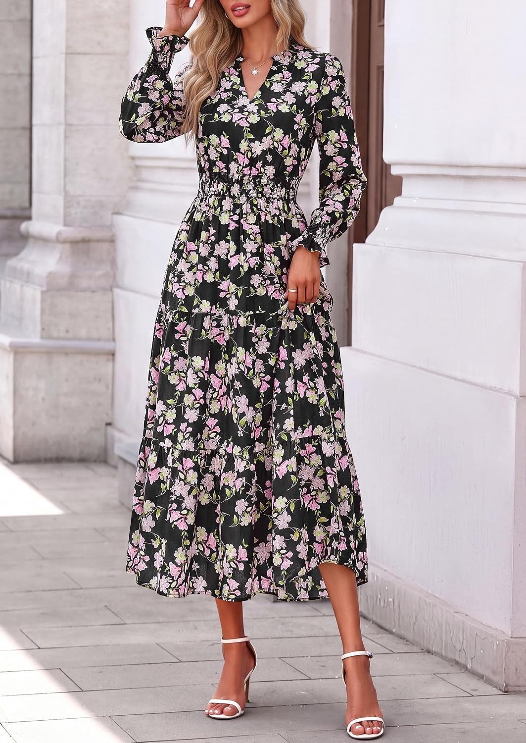 image:imagePRETTYGARDEN Womens Floral Maxi Dress Fall A Line Wedding Guest DressesFloral Black Pink
