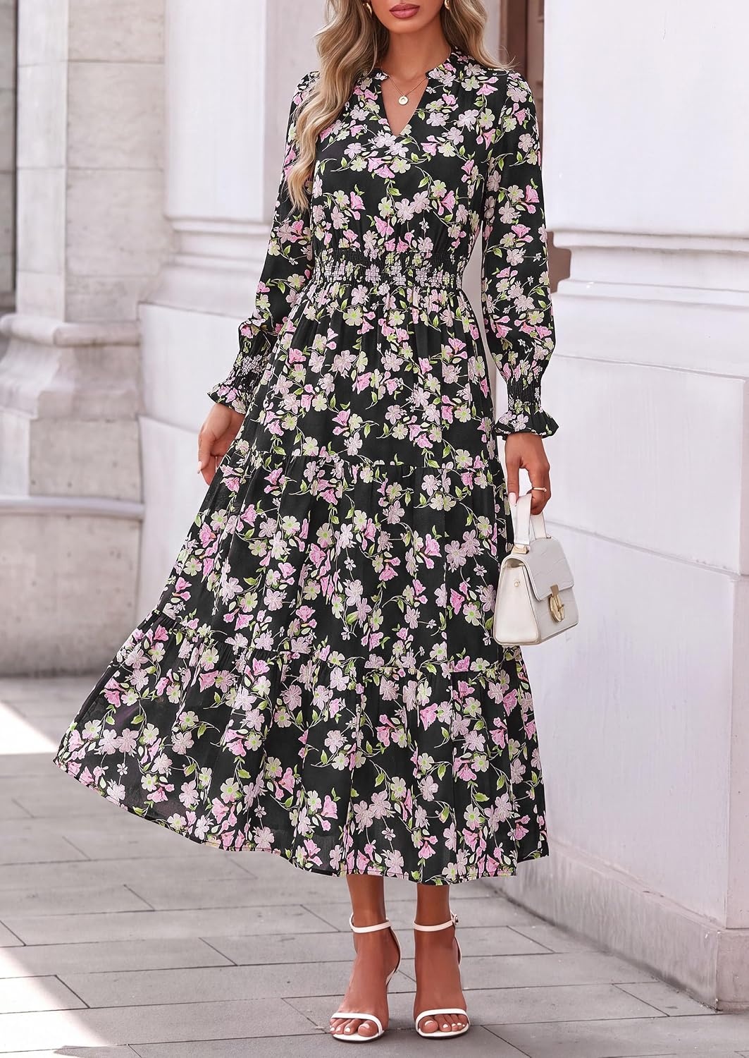 image:imagePRETTYGARDEN Womens Floral Maxi Dress Fall A Line Wedding Guest DressesFloral Black Pink