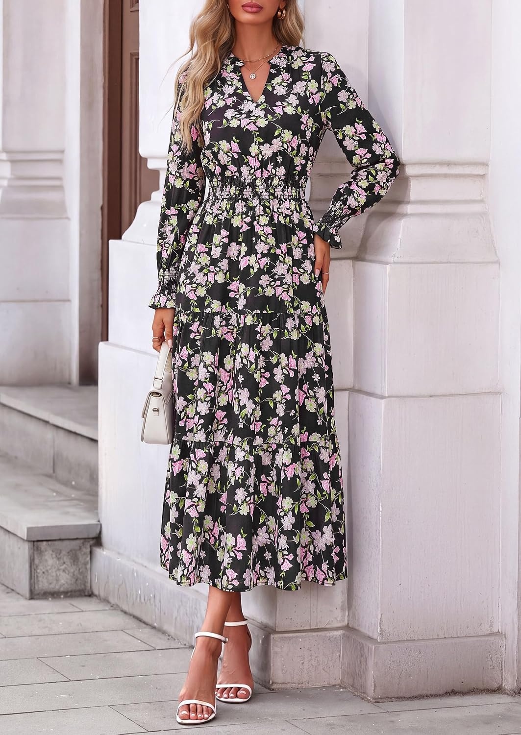 image:imagePRETTYGARDEN Womens Floral Maxi Dress Fall A Line Wedding Guest DressesFloral Black Pink