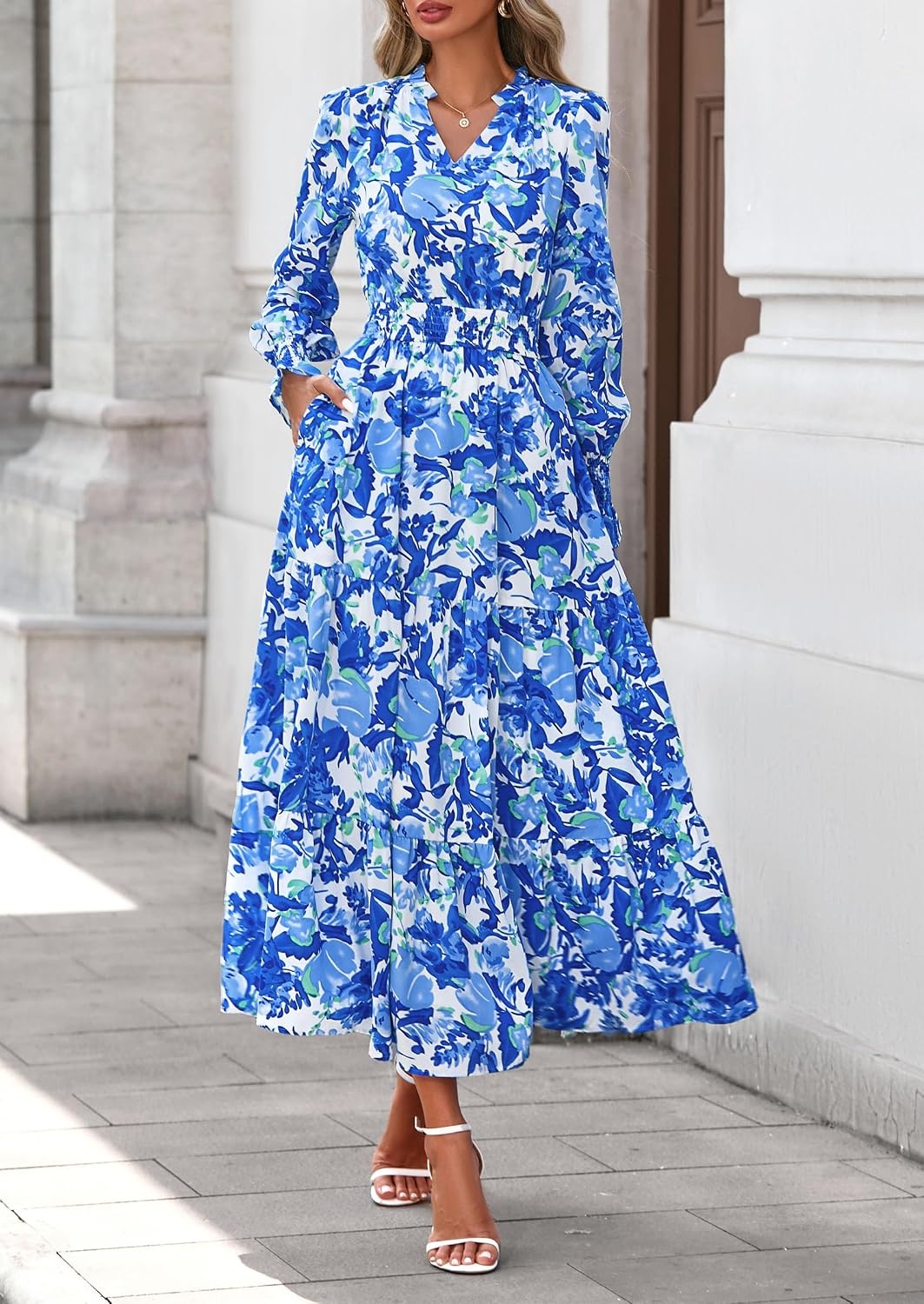 image:imagePRETTYGARDEN Womens Floral Maxi Dress Fall A Line Wedding Guest DressesFloral Blue