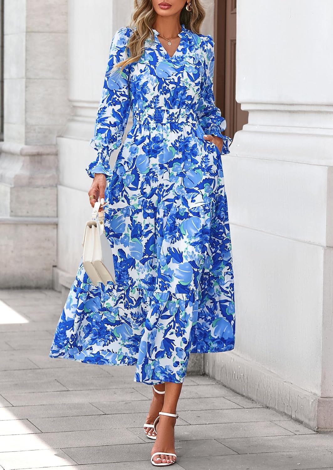image:imagePRETTYGARDEN Womens Floral Maxi Dress Fall A Line Wedding Guest DressesFloral Blue