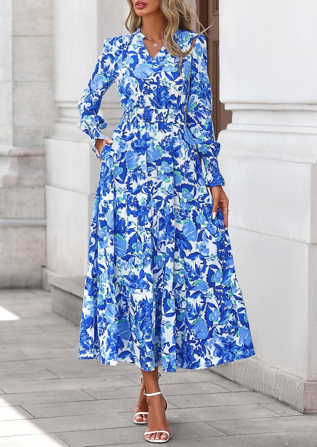 image:imagePRETTYGARDEN Womens Floral Maxi Dress Fall A Line Wedding Guest DressesFloral Blue
