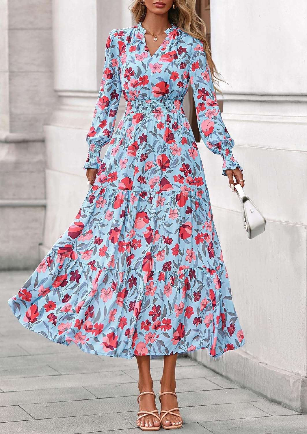 image:imagePRETTYGARDEN Womens Floral Maxi Dress Fall A Line Wedding Guest DressesFloral Blue Red