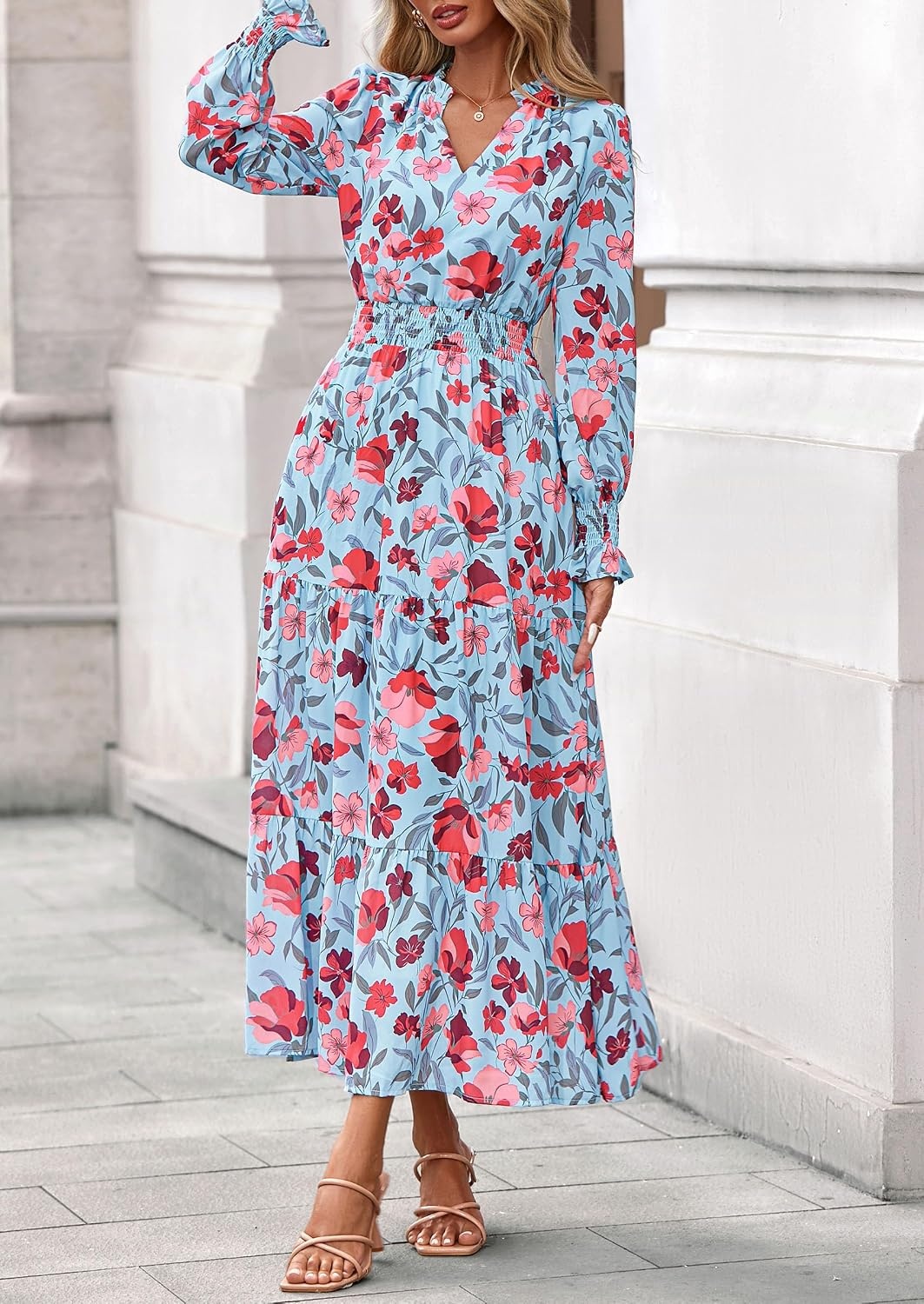 image:imagePRETTYGARDEN Womens Floral Maxi Dress Fall A Line Wedding Guest DressesFloral Blue Red