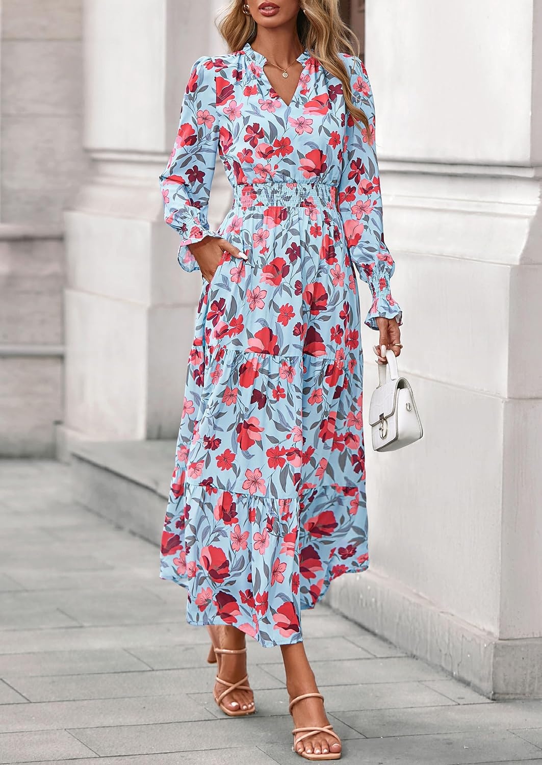 image:imagePRETTYGARDEN Womens Floral Maxi Dress Fall A Line Wedding Guest DressesFloral Blue Red