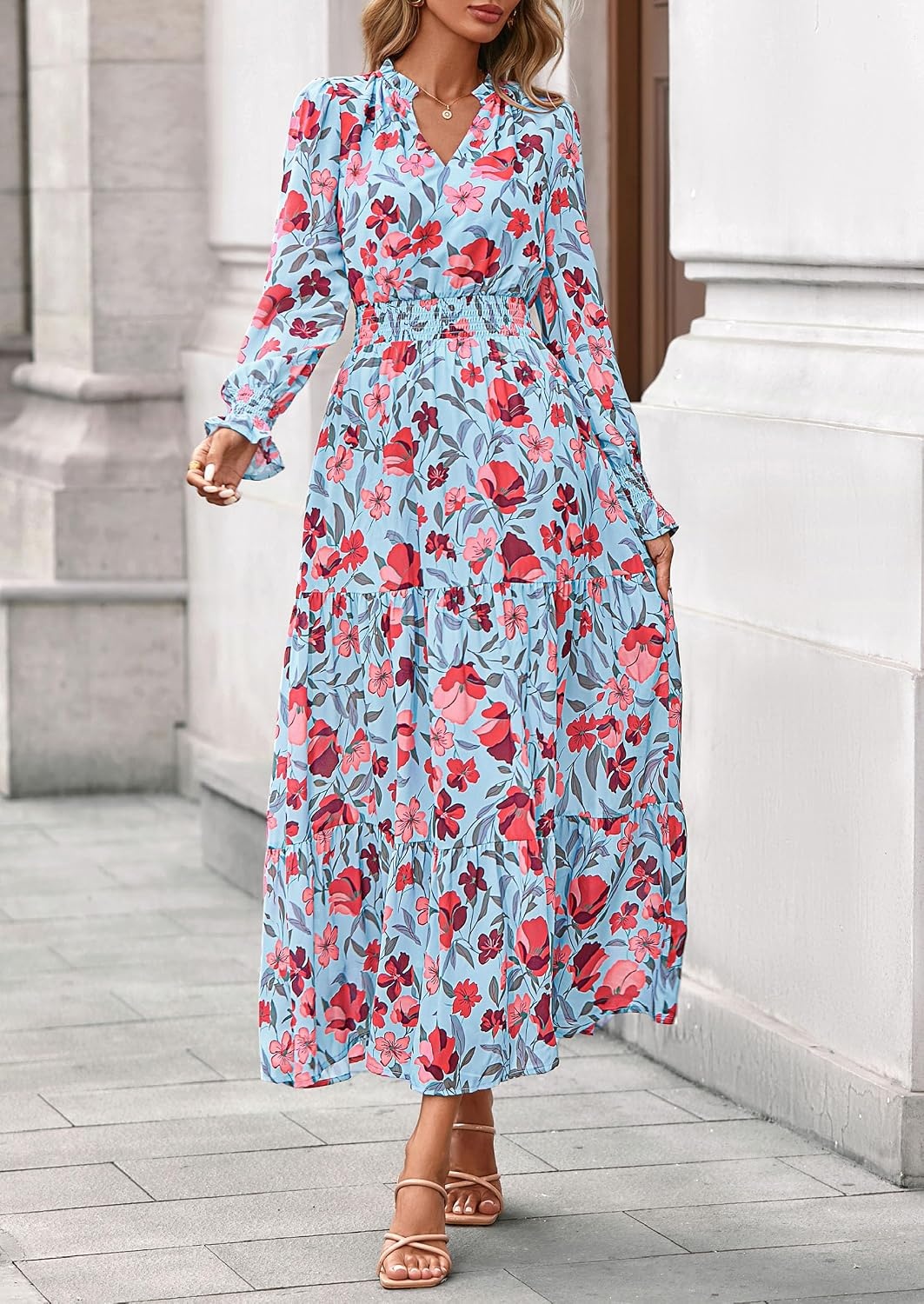 image:imagePRETTYGARDEN Womens Floral Maxi Dress Fall A Line Wedding Guest DressesFloral Blue Red