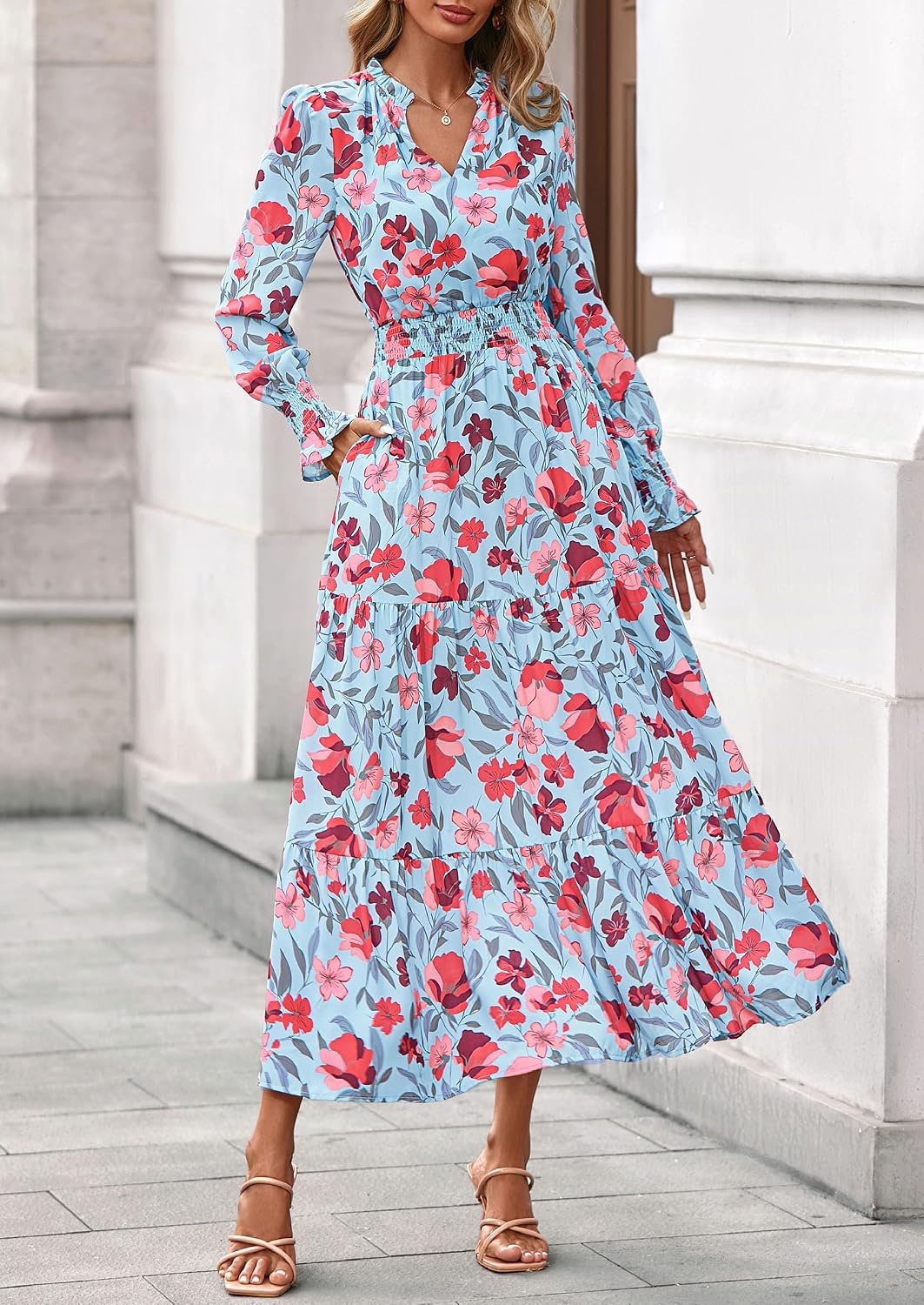image:imagePRETTYGARDEN Womens Floral Maxi Dress Fall A Line Wedding Guest DressesFloral Blue Red