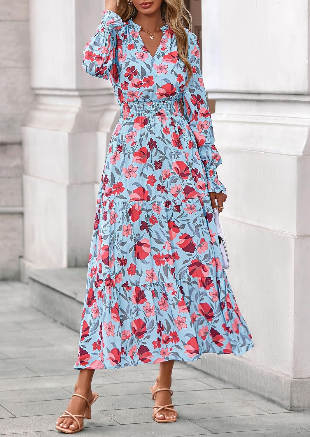 image:imagePRETTYGARDEN Womens Floral Maxi Dress Fall A Line Wedding Guest DressesFloral Blue Red