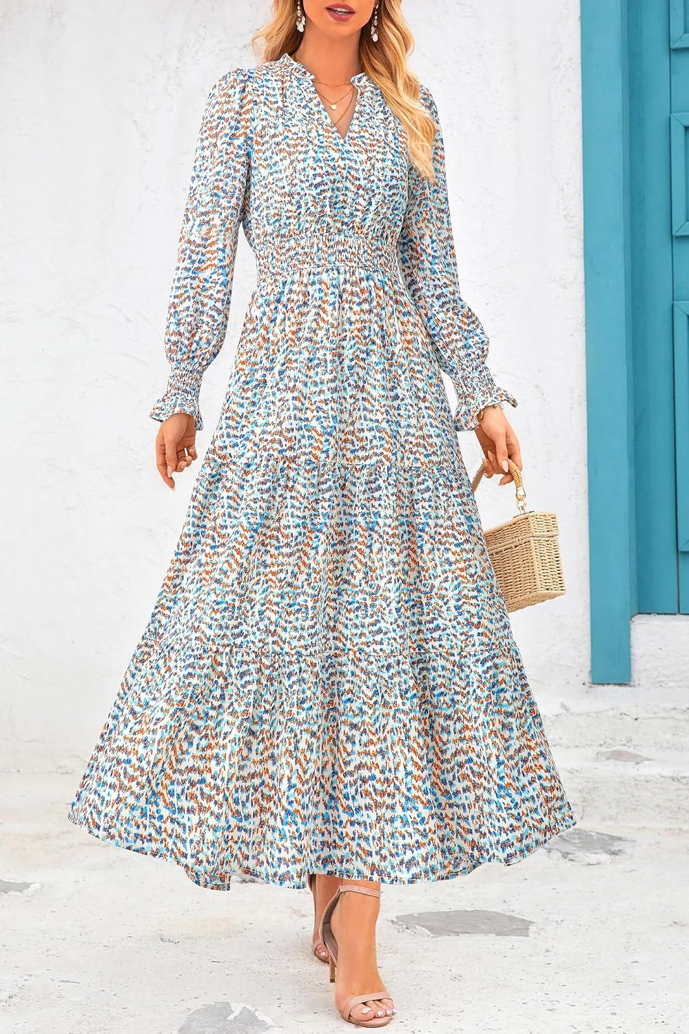 image:imagePRETTYGARDEN Womens Floral Maxi Dress Fall A Line Wedding Guest DressesFloral Blue White