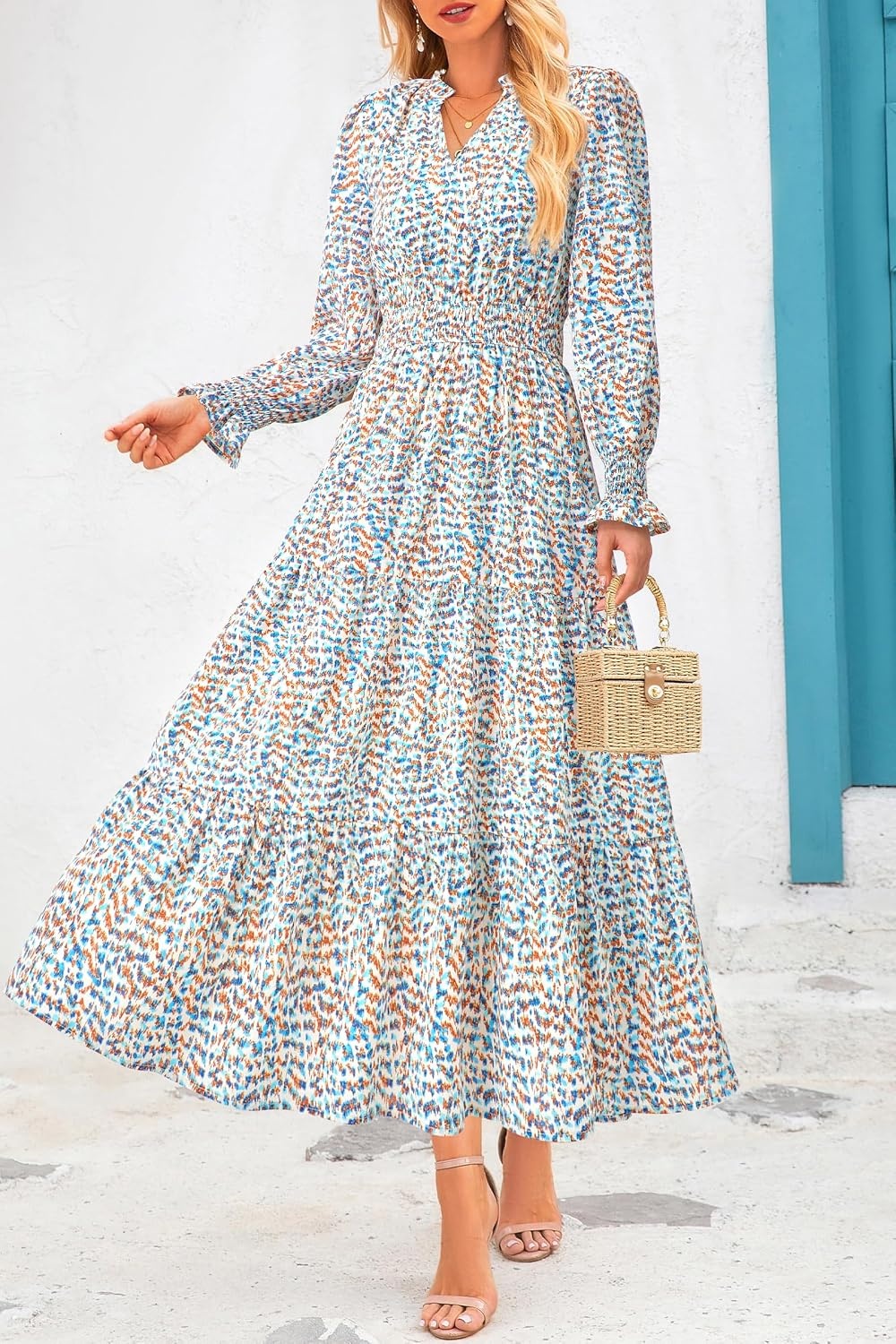 image:imagePRETTYGARDEN Womens Floral Maxi Dress Fall A Line Wedding Guest DressesFloral Blue White