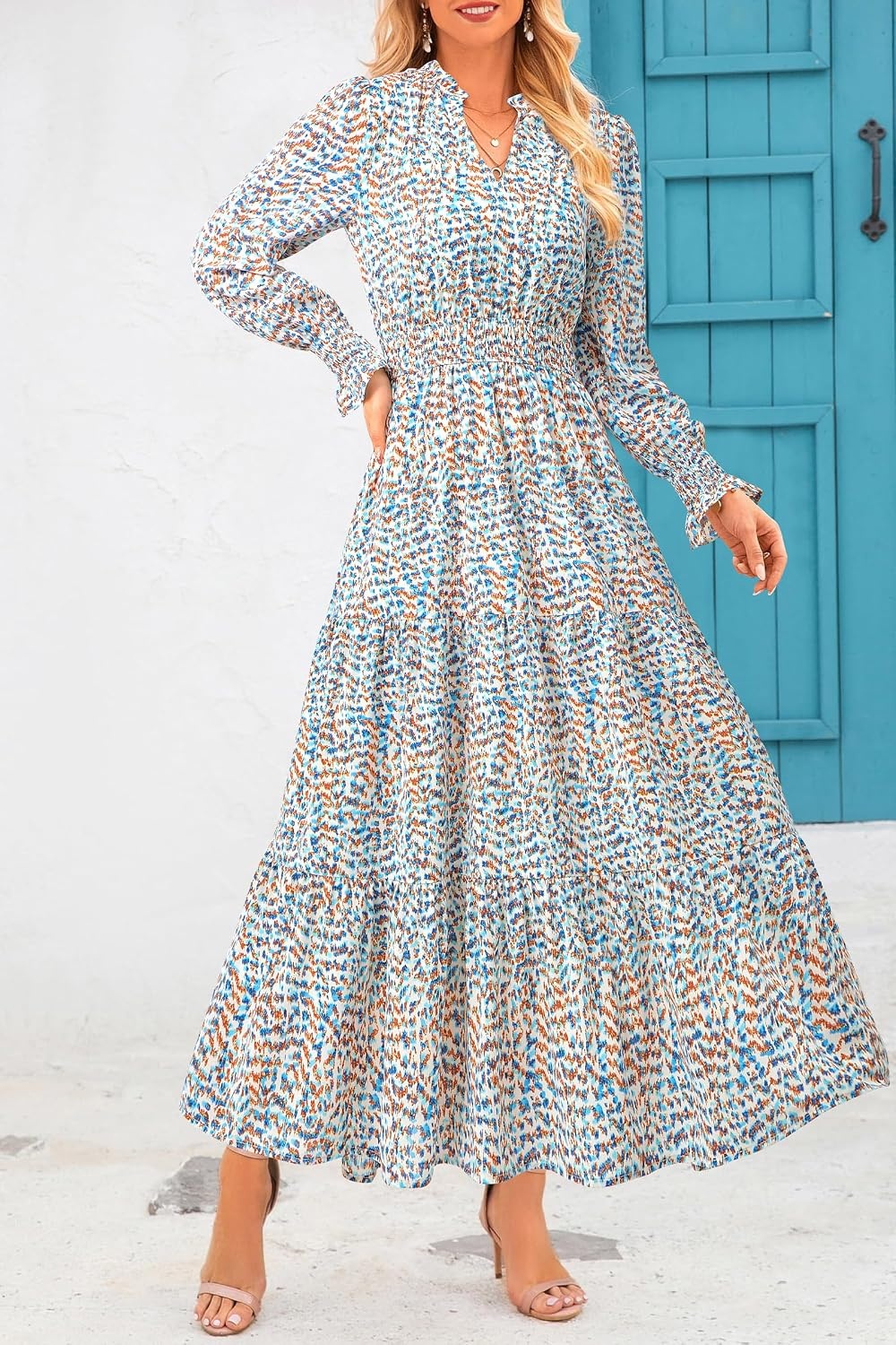 image:imagePRETTYGARDEN Womens Floral Maxi Dress Fall A Line Wedding Guest DressesFloral Blue White